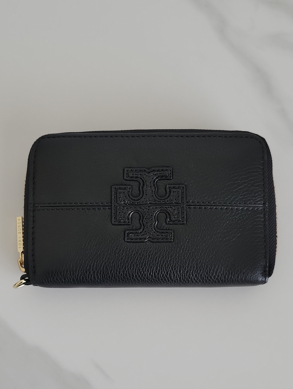 Tory Burch Black Leather Zip Card Wallet with Embossed Logo